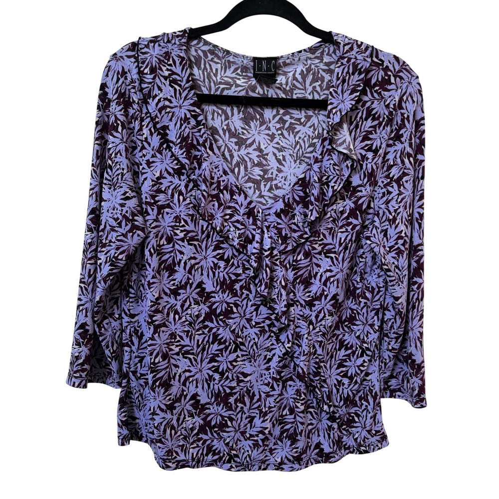 Y2K INC International Concepts Purple Floral Ruffle V-Neck 3/4 Sleeve Top Large